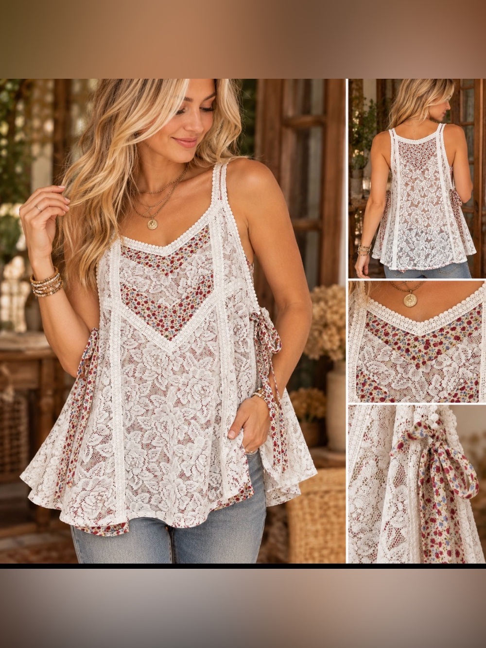 Maurices White Lace Racerback Camisole with Floral Back Panel - side ties - L tu